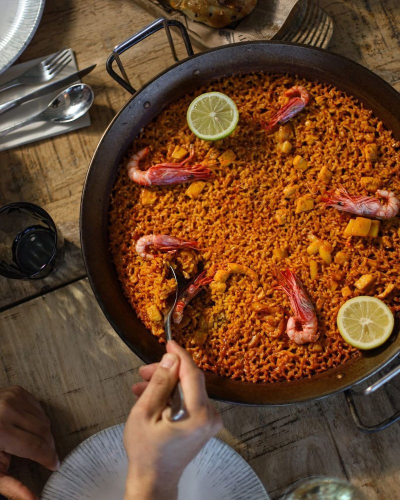 Valencian paella served from the pan